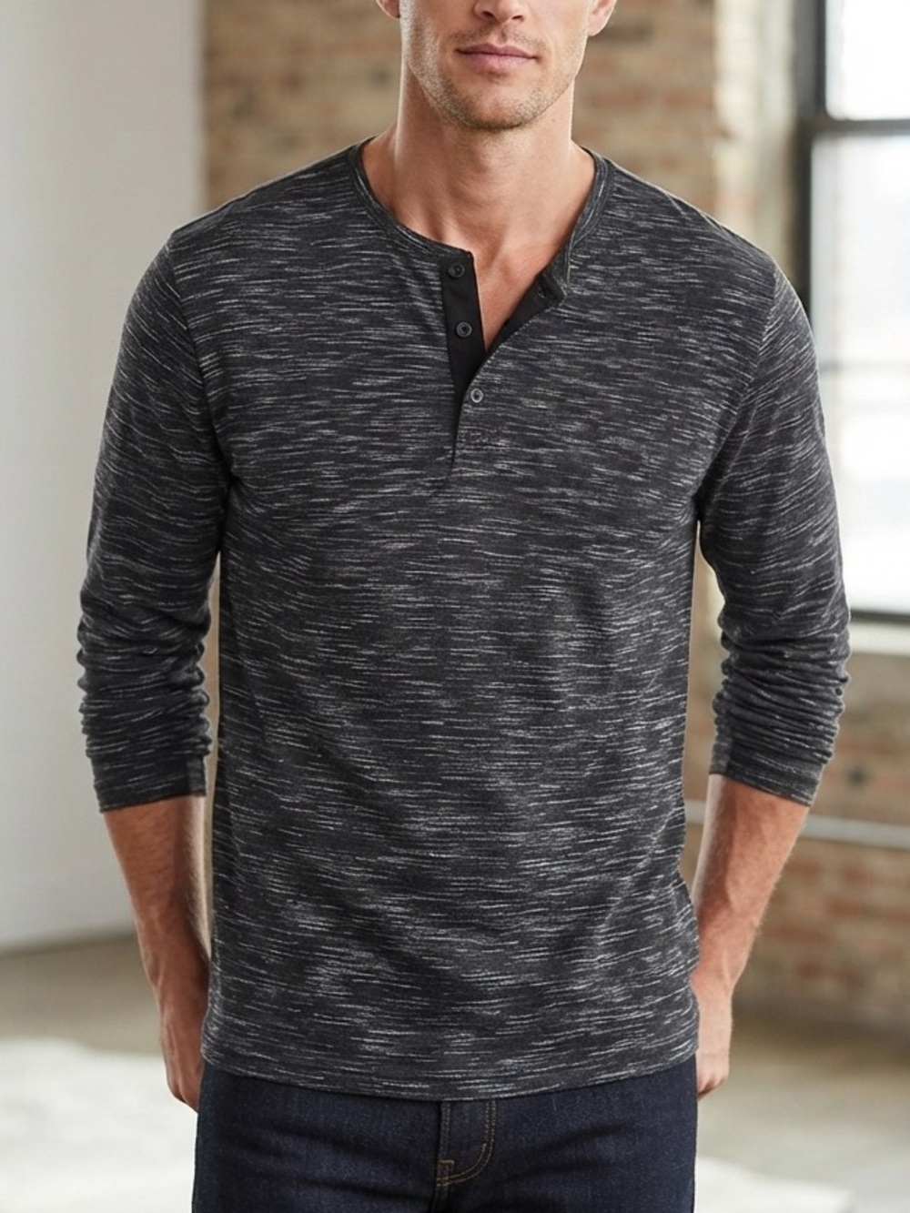 EUC Marc Anthony Men's Long-Sleeve Heathered Black Henley Shirt Men L Large Long